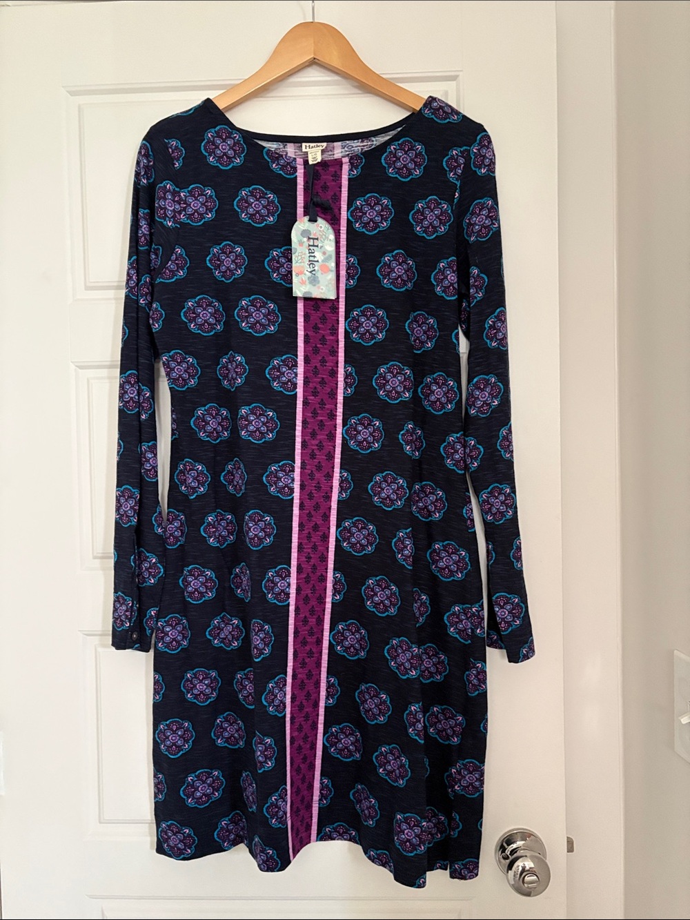 Hatley Navy Floral Long-Sleeve Dress with Magenta Center Trim